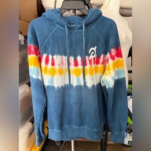 Peloton Blue Tie-Dye Hoodie with Red, Yellow, and White Accents